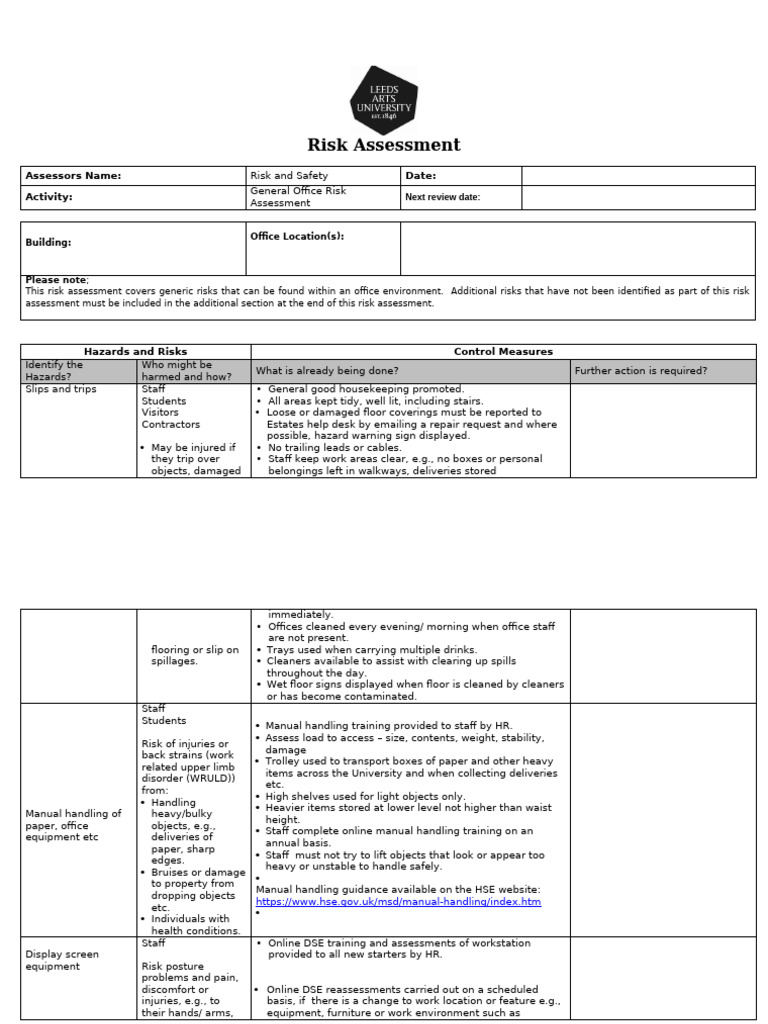 Office Risk Assessment Overview | PDF | First Aid | Risk
