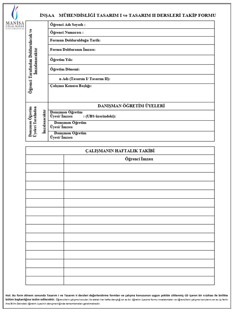 Tasarim I Ve II Dersi Ogrenci Takip Formu 5624TR | PDF