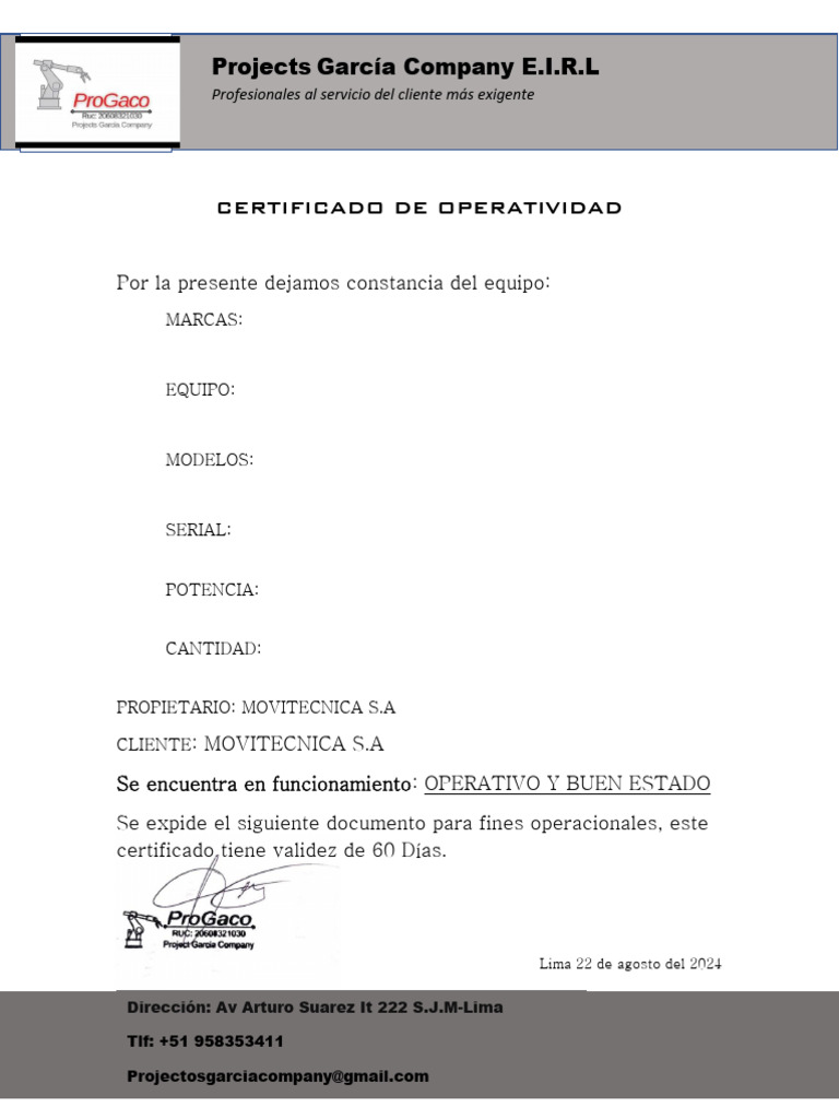 Certificado de Operatividad de Tecle | PDF
