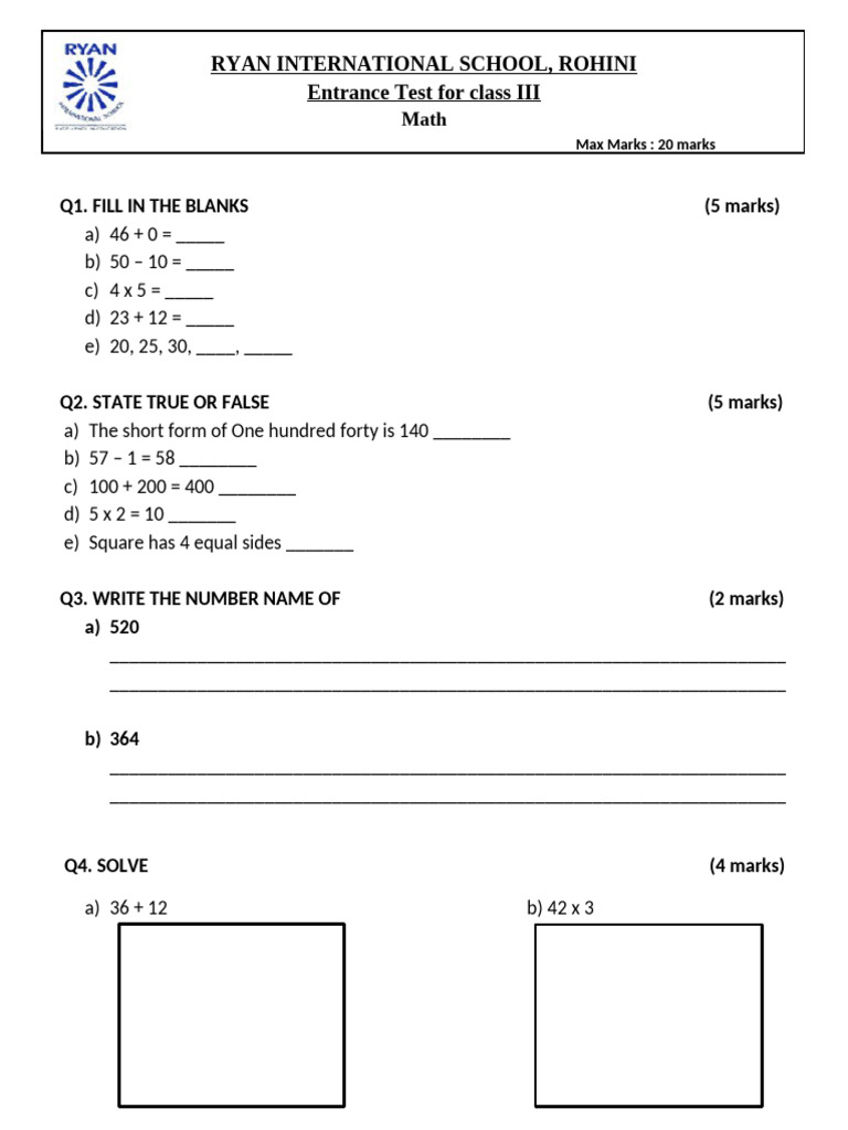 Class 3 Maths Entrance Test Paper | PDF