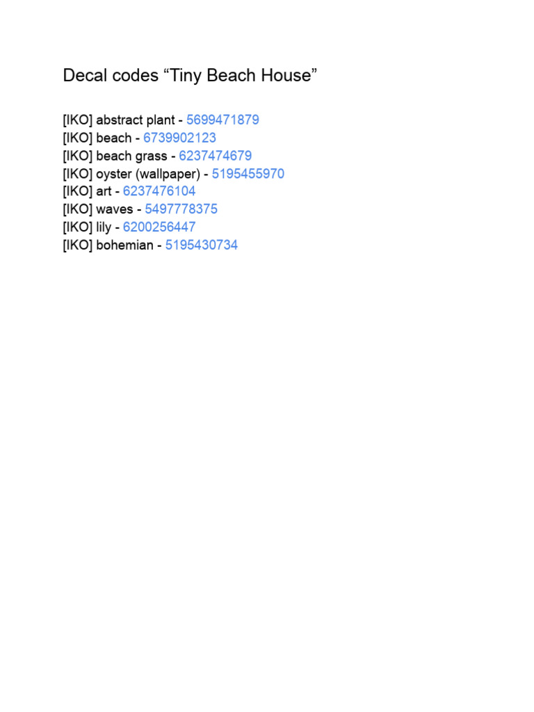 Beach House Decal Codes List | PDF