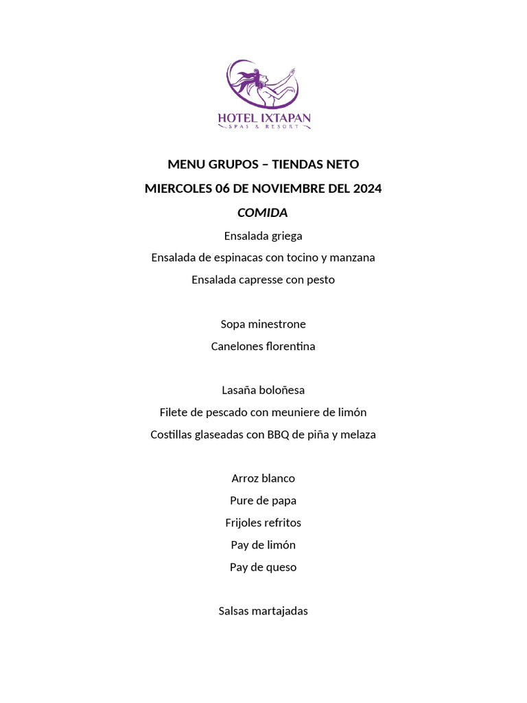 Menú Grupos Tiendas Neto Nov 2024 | PDF