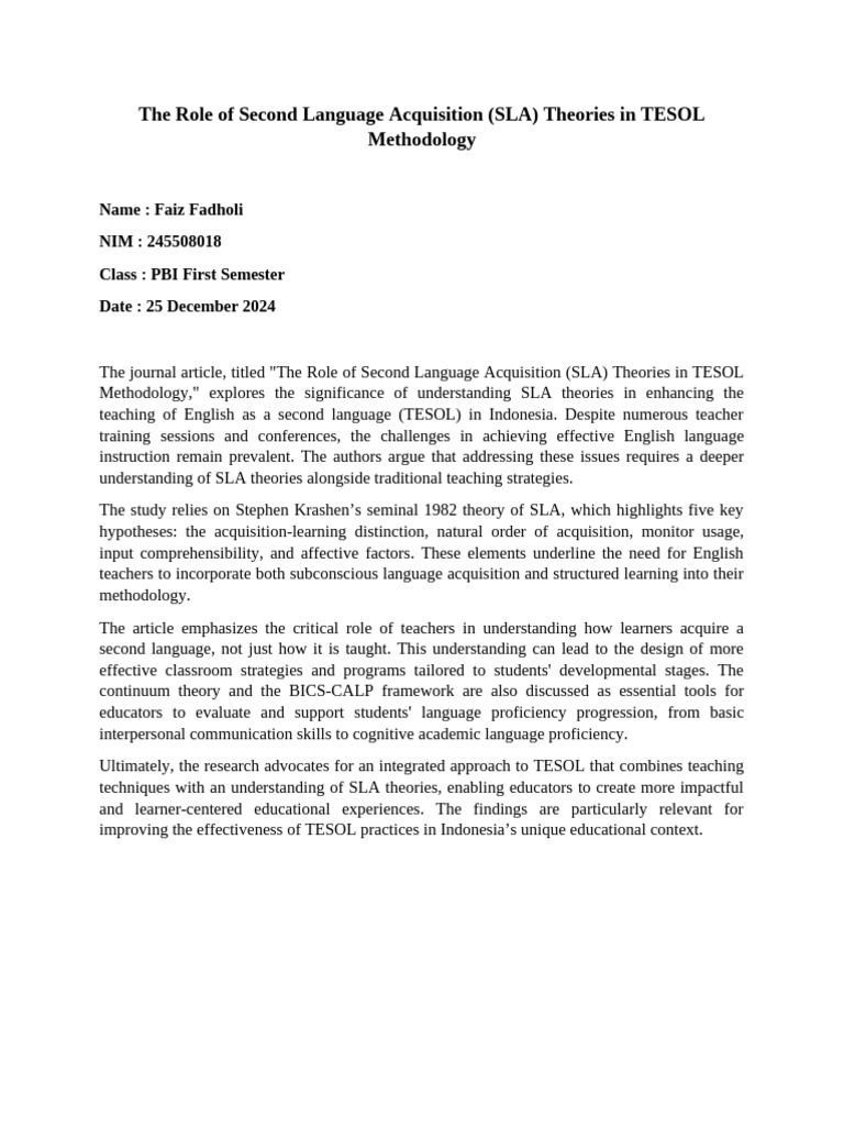 The Role Of Second Language Acquisition Pdf