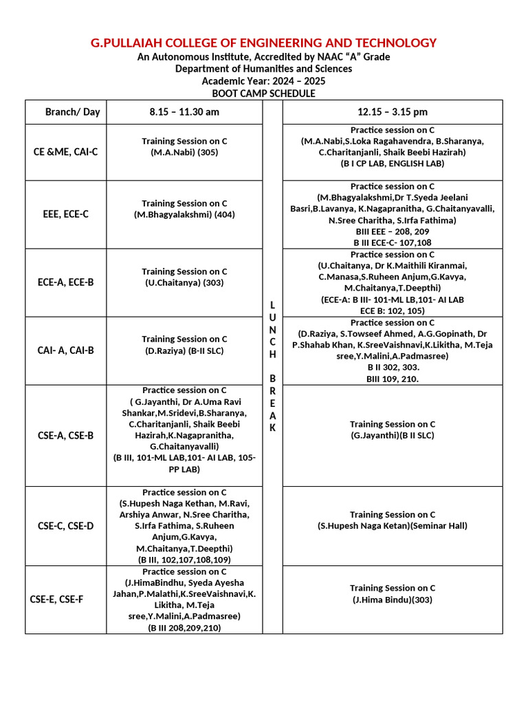 GPCET 2024-2025 Boot Camp Schedule | PDF