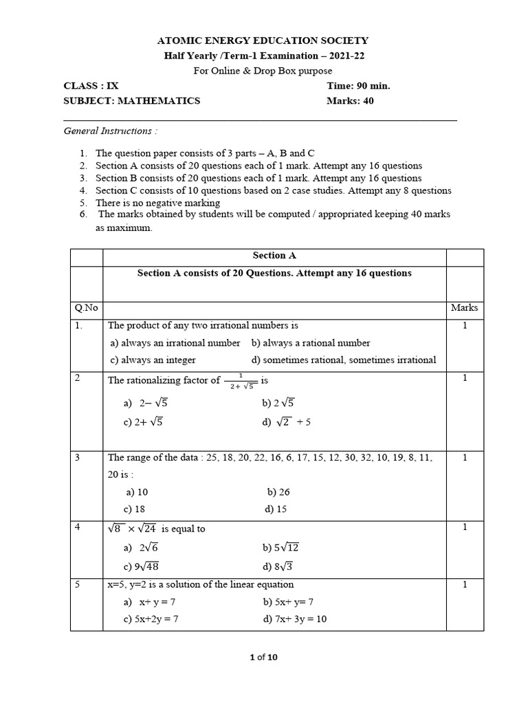 9 Maths QP Set 2 Online-Dropbox | PDF | Cartesian Coordinate System ...