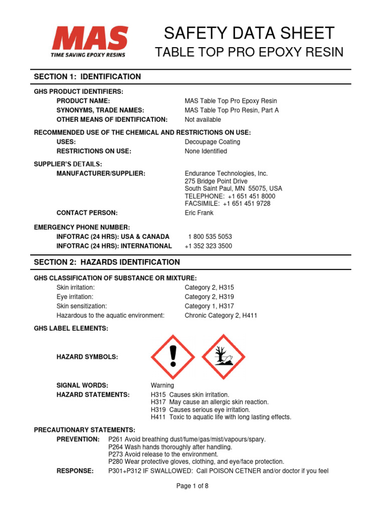 MAS Table Top Pro Epoxy Resin SDS | PDF | Dangerous Goods | Personal ...
