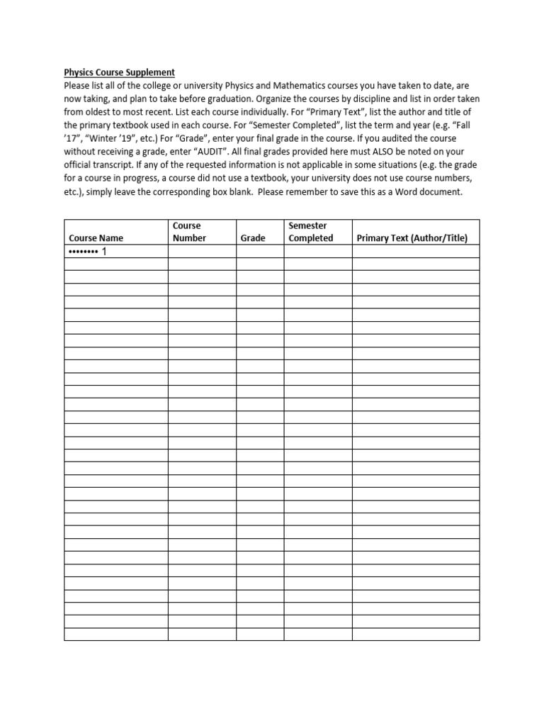 Physics Course Listing Template | PDF