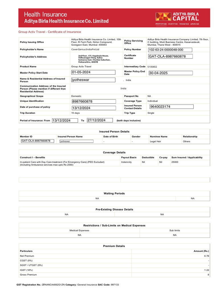 COI Generated Health Pack | PDF | Insurance