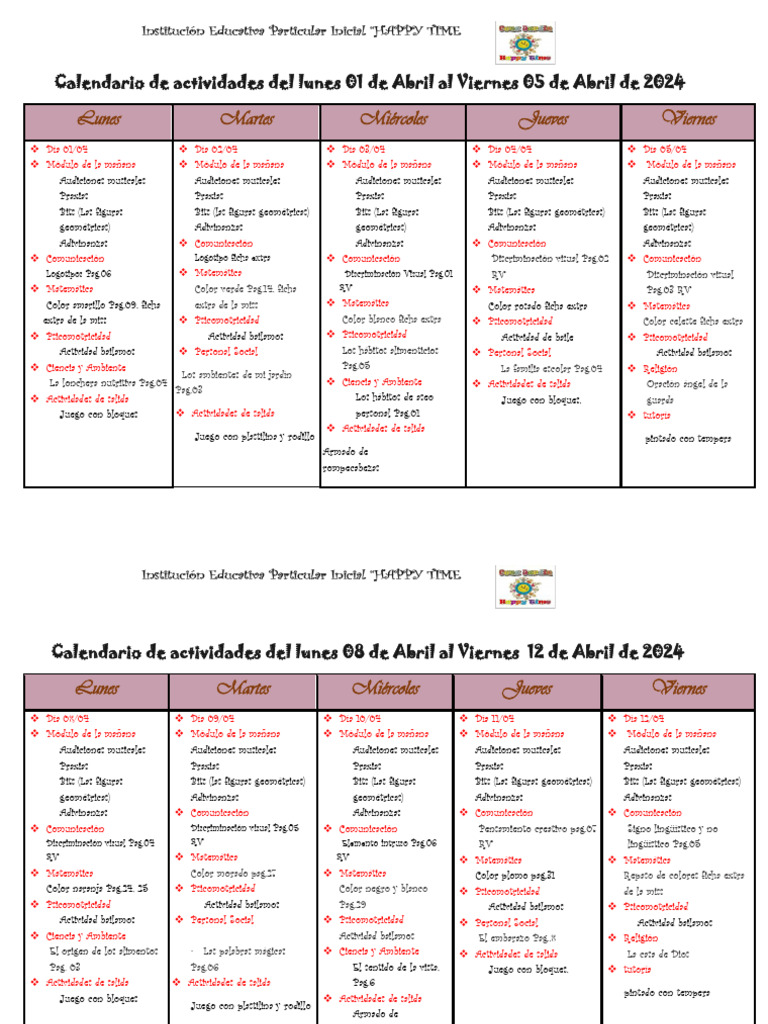 Calendario de Actividades Semanal Mes Abril 2024 | PDF