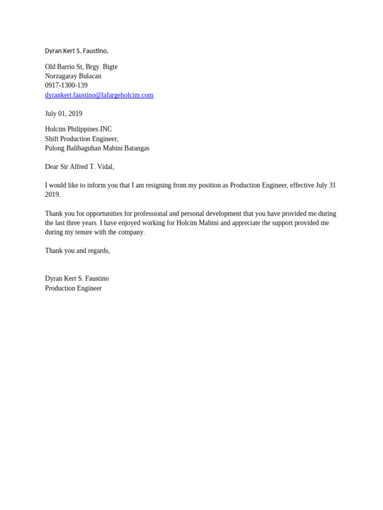 Resignation Letter from Production Engineer | PDF