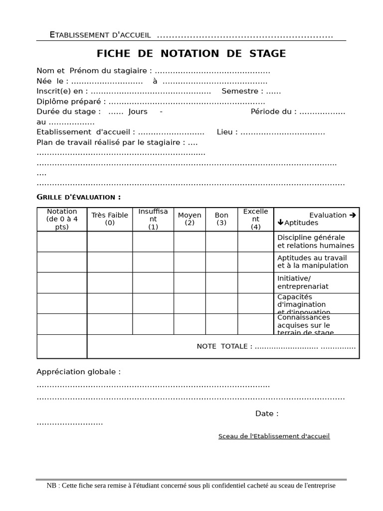Fiche de Notation de Stage | PDF