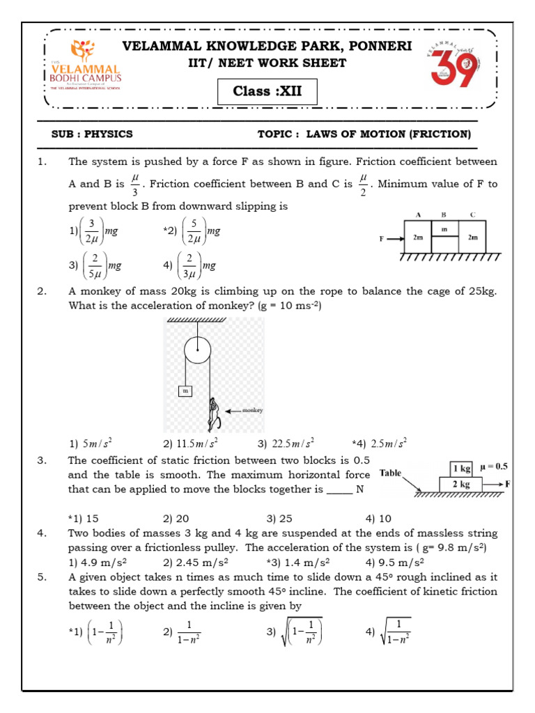 Physics Worksheet on Laws of Motion | PDF | Force | Friction