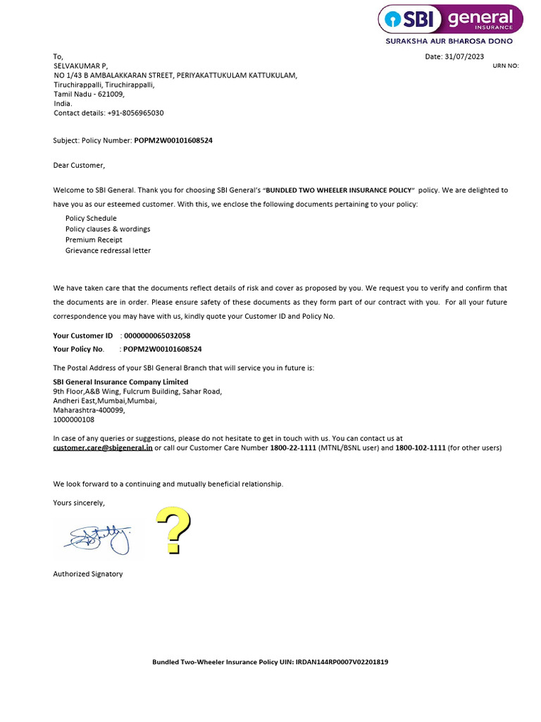 SBI Bundled Two-Wheeler Insurance Policy | PDF | Indemnity | Insurance