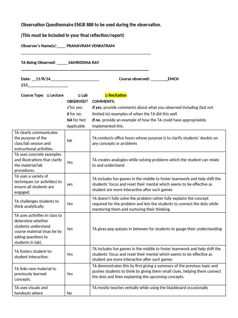 Observation Report for TA Samriddha Ray | PDF | Thought | Concept