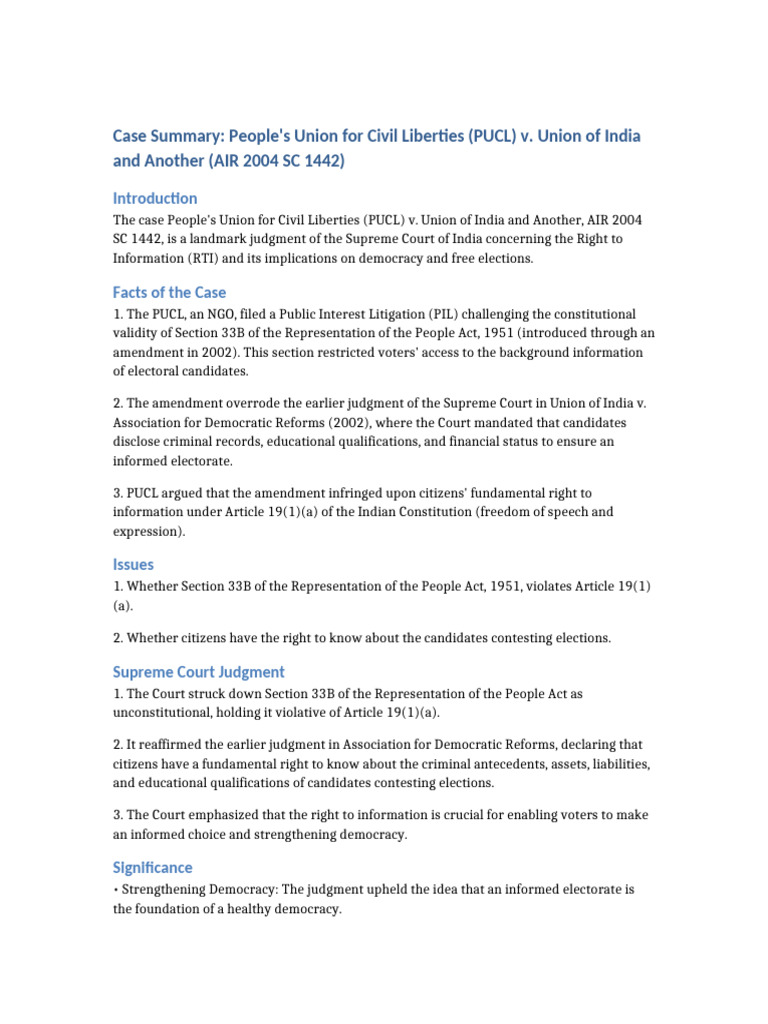 PUCL v. Union of India: RTI Landmark Case | PDF