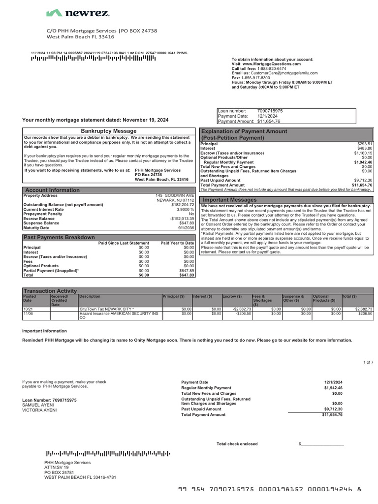 PHH Mortgage Statement for Bankruptcy Debtor | PDF | Mortgages | Bankruptcy