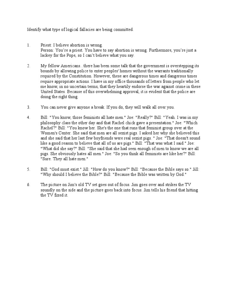 Logical Fallacies Exercise PDF Natural Selection