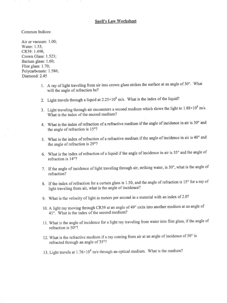 Snells Law Worksheet and Answers | PDF