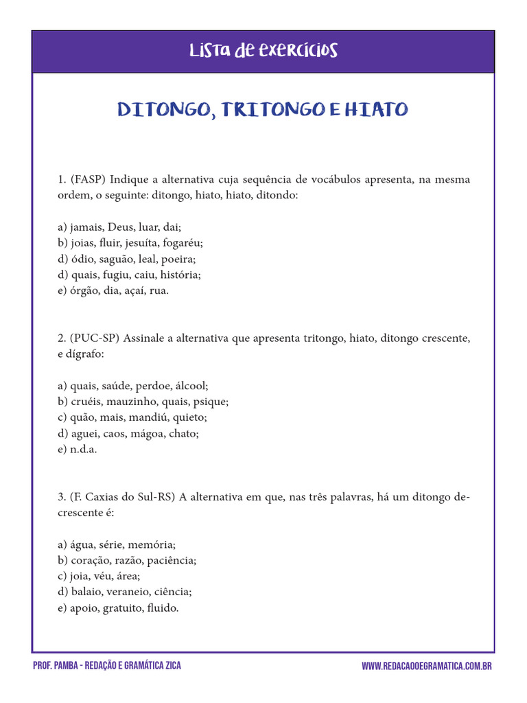 Ditongo, tritongo e hiato- Lista Extra de Exercícios | PDF ...