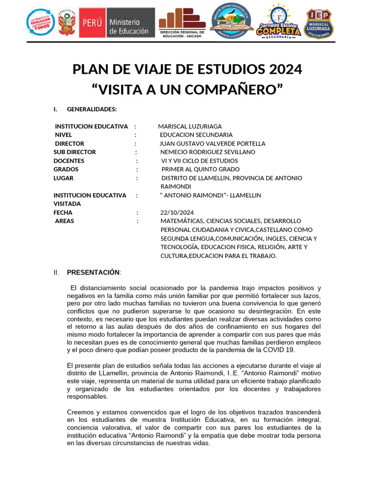 Plan de Viaje de Estudios 2024 | PDF | Enseñando