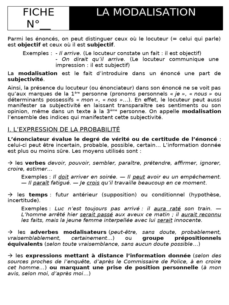 Fiche 3eme - Modalisation | PDF | Phrase | Mécanique du langage