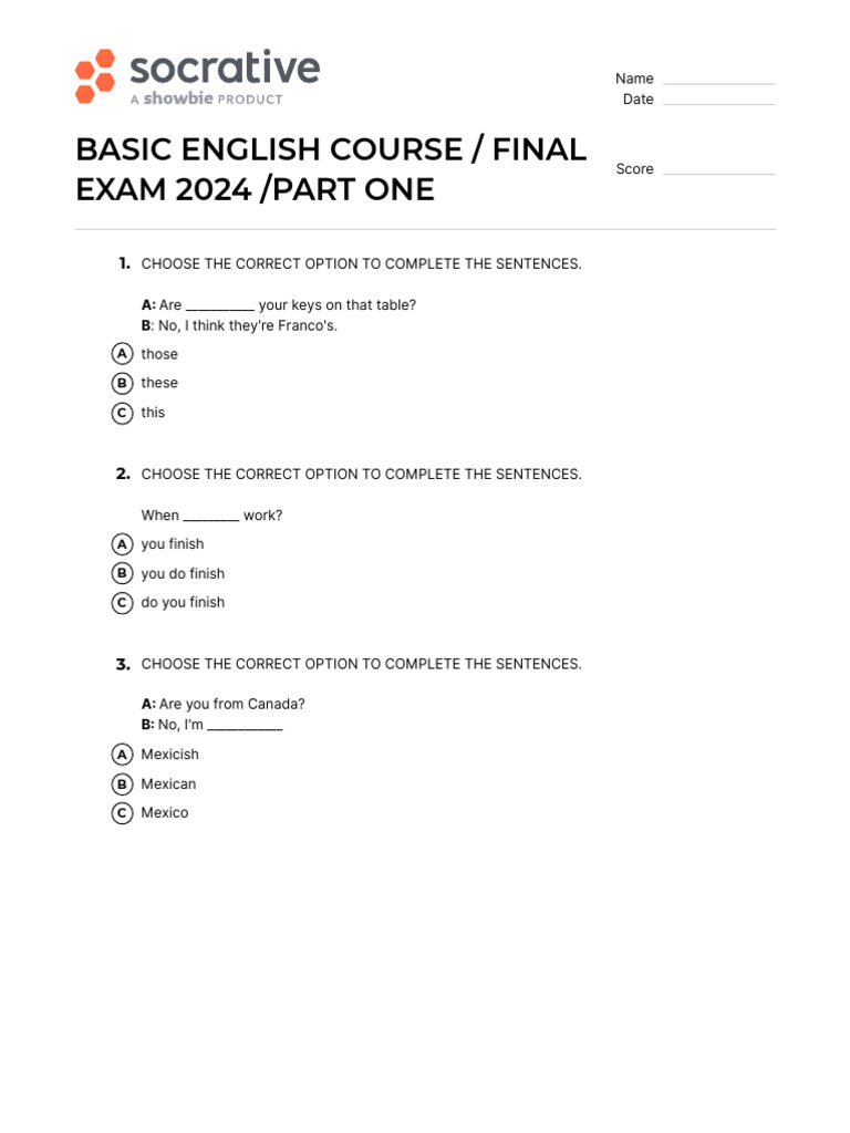 Basic English Course Final Exam 2024 | PDF | Vegetables | Crops