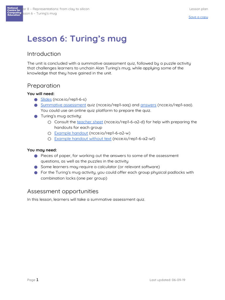 Turing's Mug Lesson Plan for Year 8 | PDF | Cognition | Learning