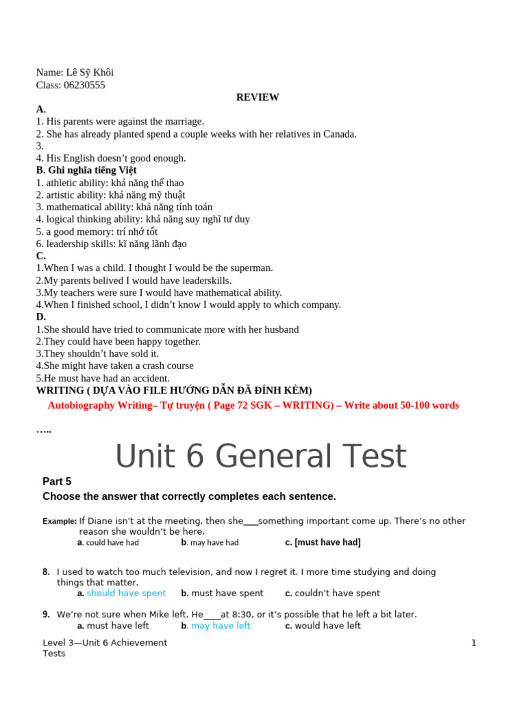 Level 3 Unit 6 Achievement Test | PDF | Cognition