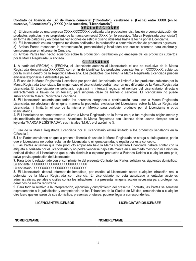 Contrato de licencia de uso de marca template pdf marca comercial