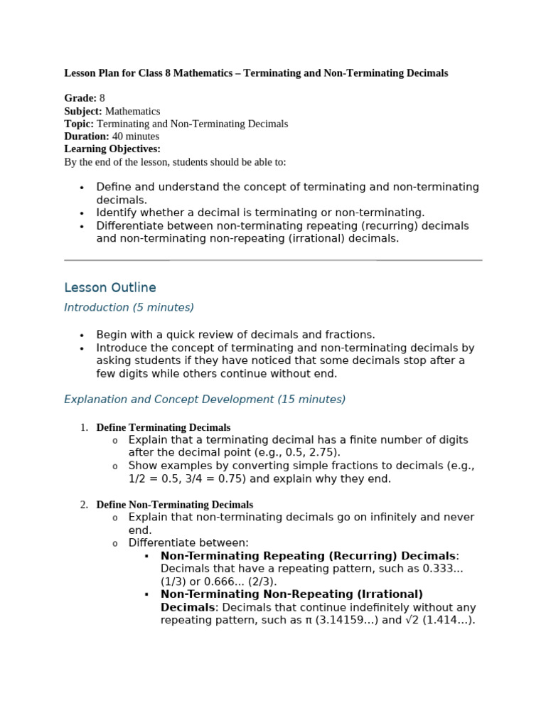 Lesson Plan Class 8th Mathematics Pdf Decimal Numbers
