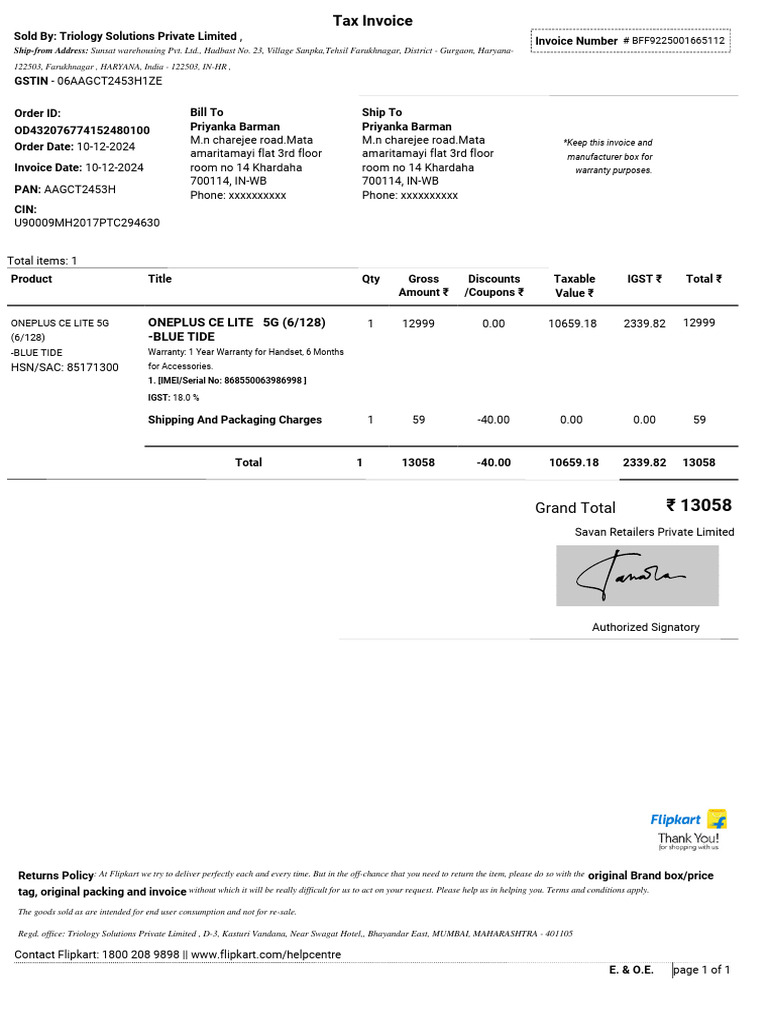 GST Invoice for ONEPLUS CE LITE 5G | PDF | Taxes | Payments