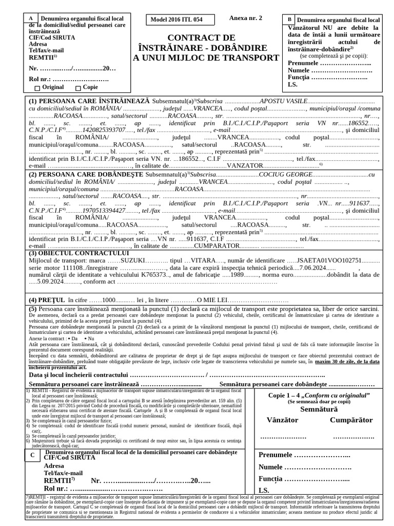 Contract de Instrainare-Dobandire A Unui Mijloc de Transport | PDF