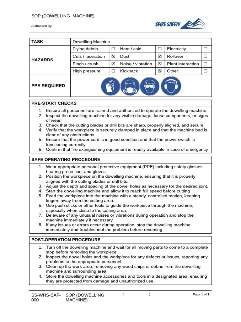 SS WHS SAF 0120 Safe Operating Procedure Dowelling Machine | PDF ...