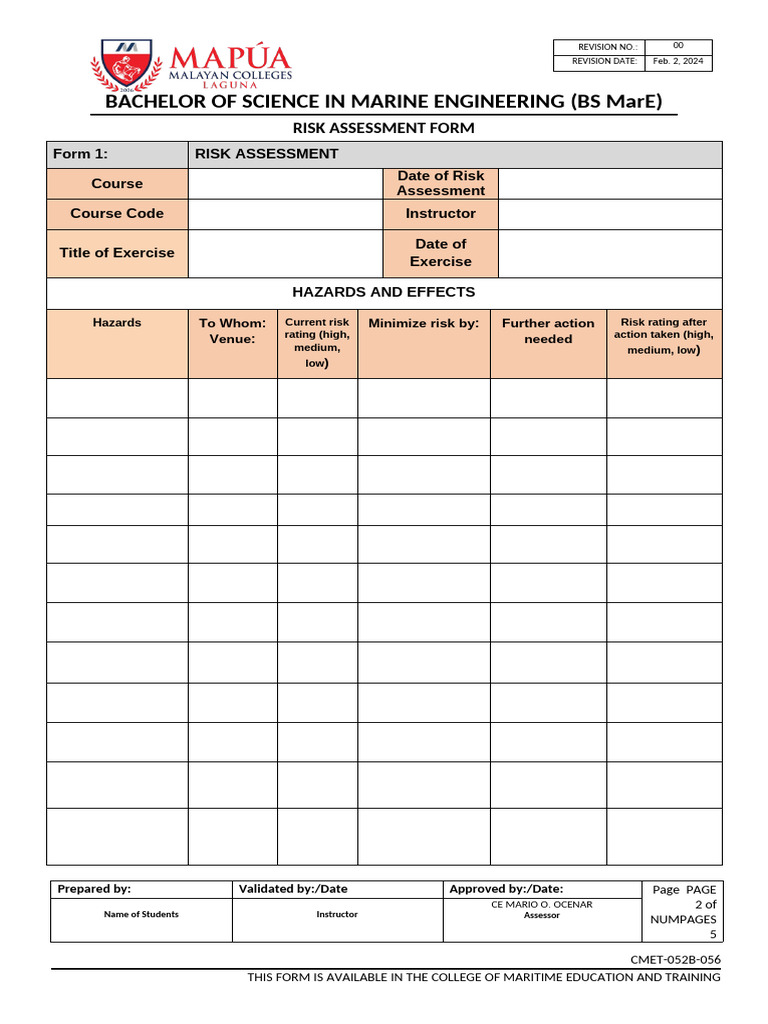 Marine Engineering Risk Assessment Form | PDF | Risk | Risk Assessment