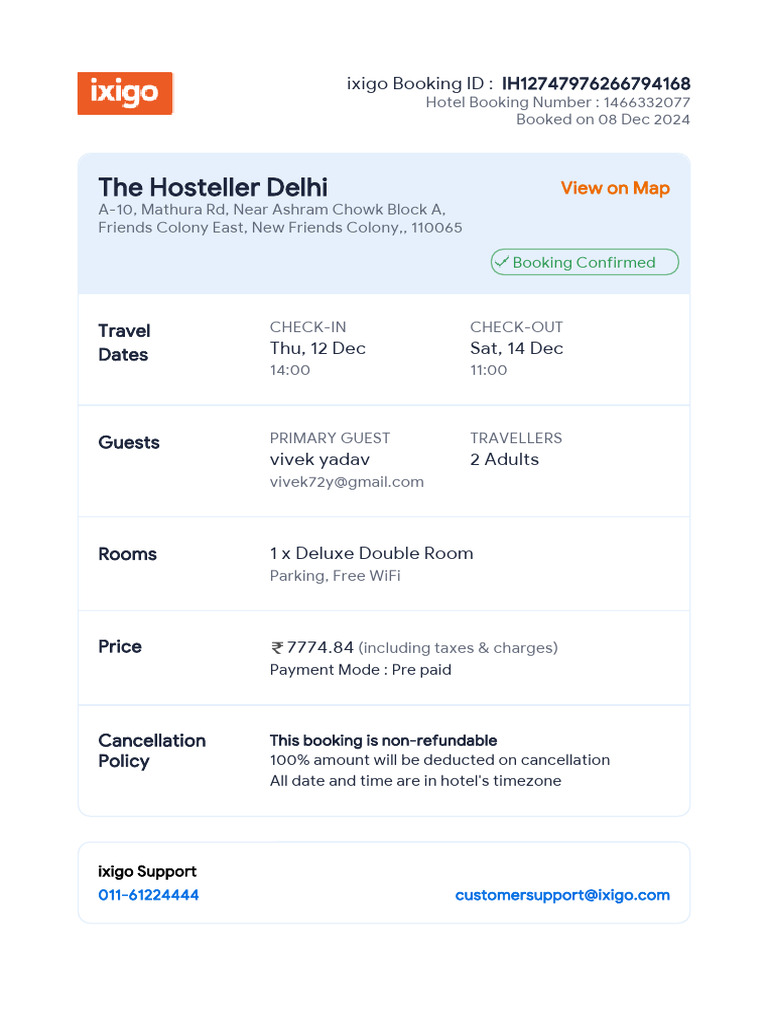 Hotel Booking Confirmation for Vivek Yadav | PDF