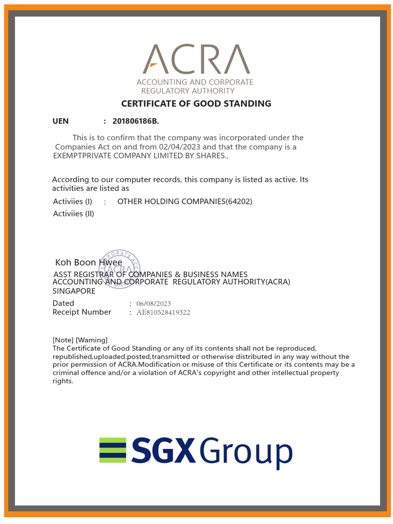 ACRA Certificate of Good Standing | PDF
