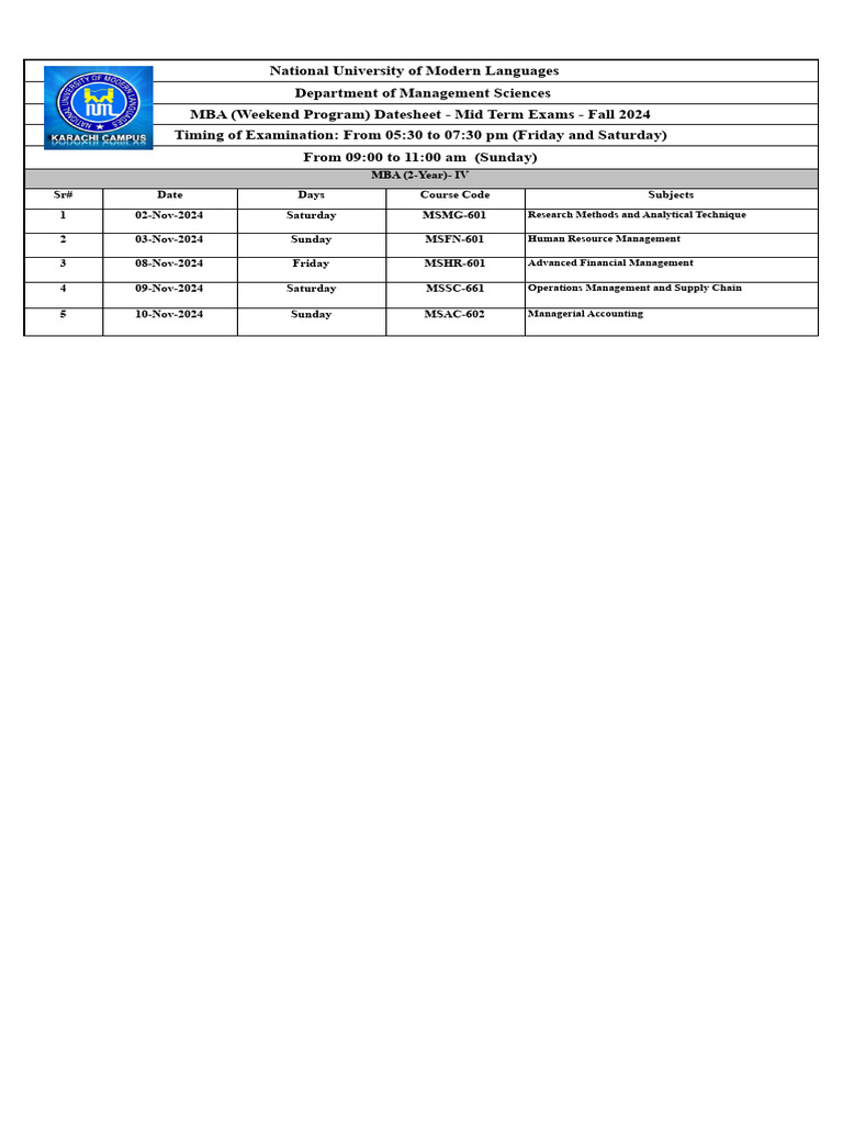 MBA Mid Term Exam Datesheet Fall 2024 | PDF