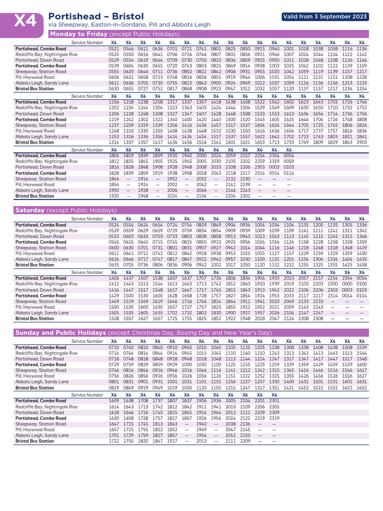 X4 Bus Timetable: Portishead to Bristol | PDF | Observances