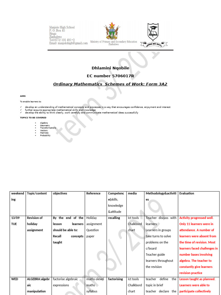 Form 3A2 Mathematics Scheme Overview | PDF | Mathematics | Algebra