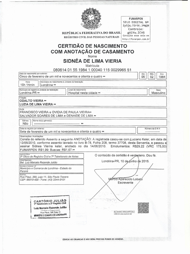 Certidão de Nascimento e Casamento | PDF