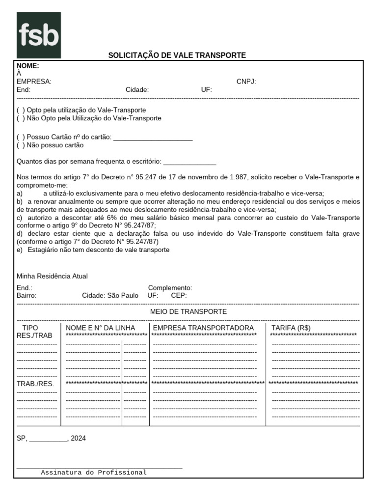 Solicitação de Vale Transporte 2024 | PDF