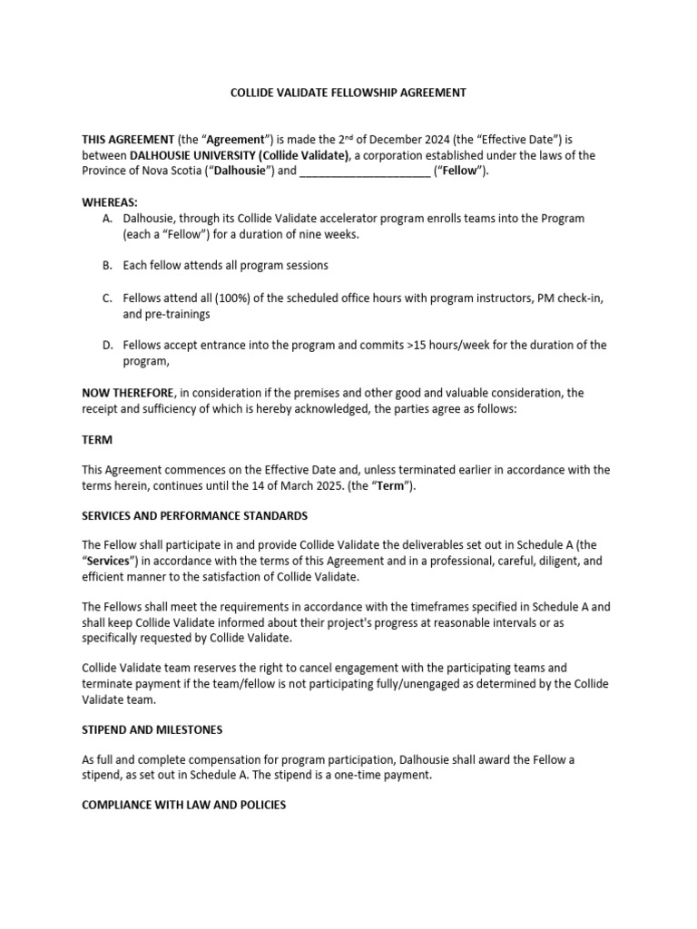 Collide Validate Fellowship Agreement | PDF | Indemnity | Insurance