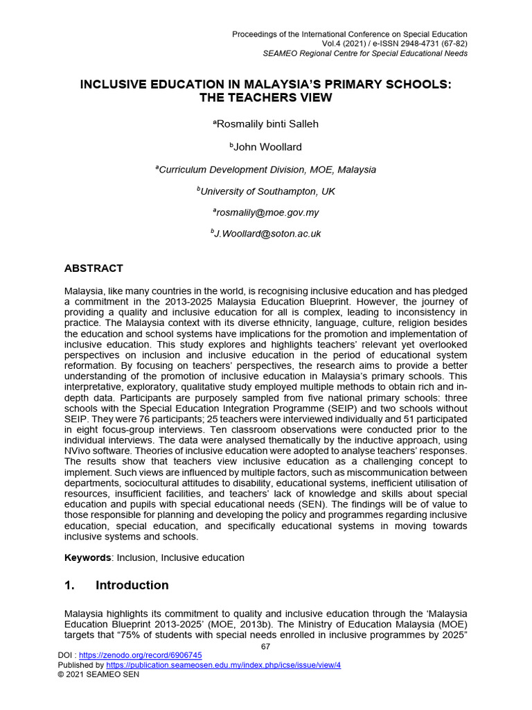 Teachers' Perspectives on Inclusive Education in Malaysia | PDF ...