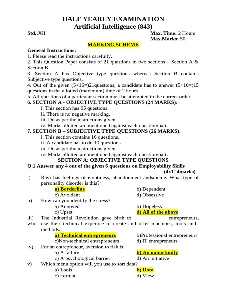 AI Half Yearly Exam Marking Scheme | PDF | Mean Squared Error | Machine ...