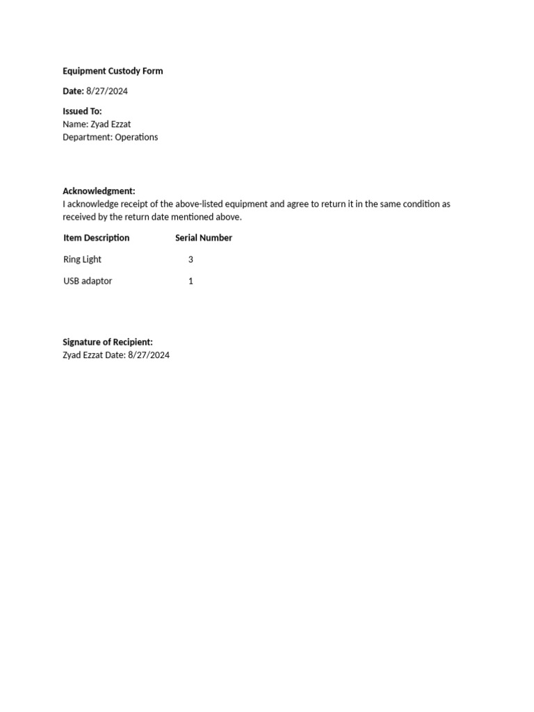 Equipment Custody Form for Operations | PDF