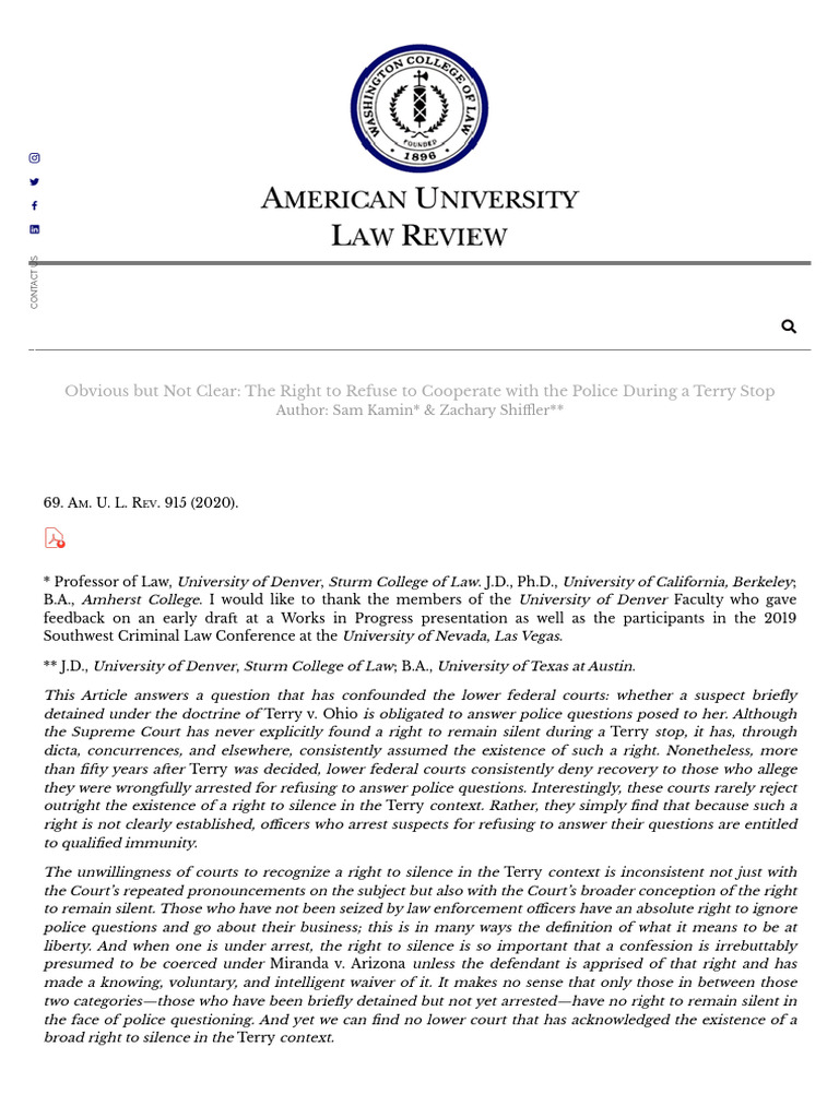 Right to Silence During Terry Stops | PDF | Fifth Amendment To The ...