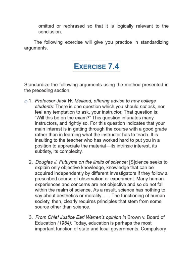 Standardizing Arguments Exercise Guide | PDF | Argument | Homework