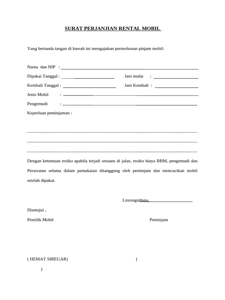 Surat Perjanjian Peminjaman Mobil Dinas | PDF