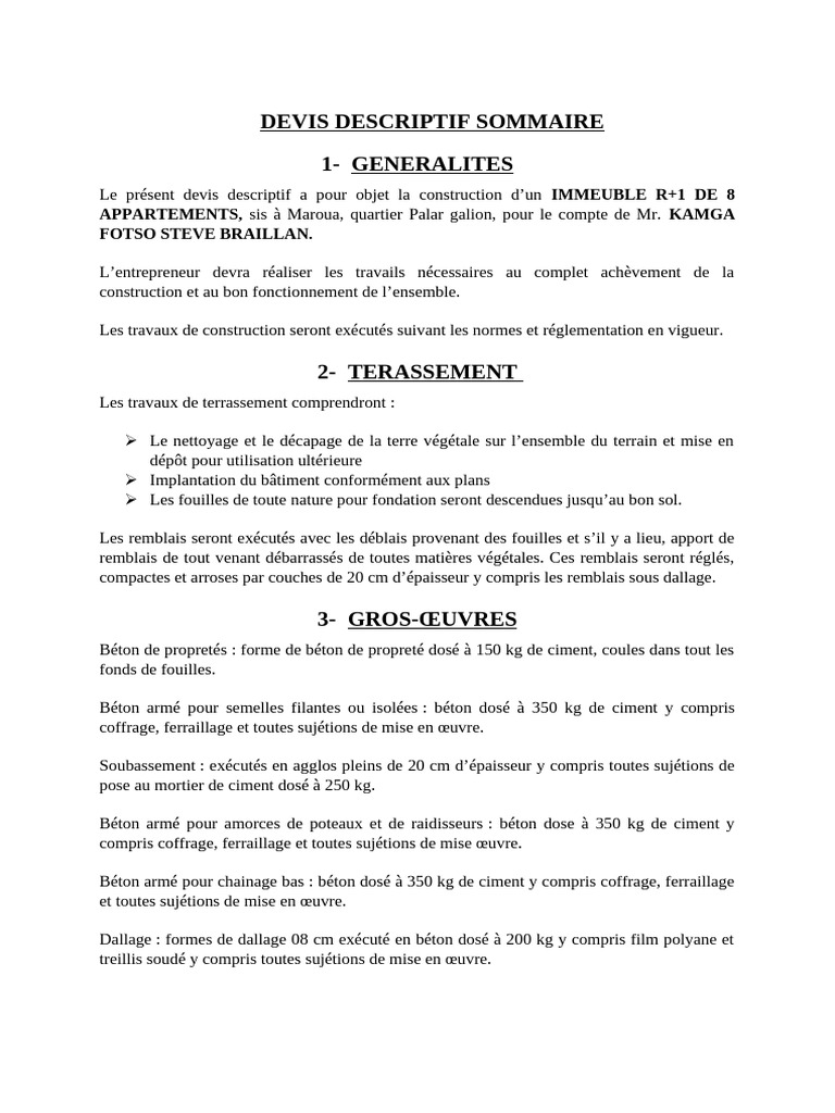 Devis descriptif pour construction R+1 | PDF | Béton | Ingénierie civile