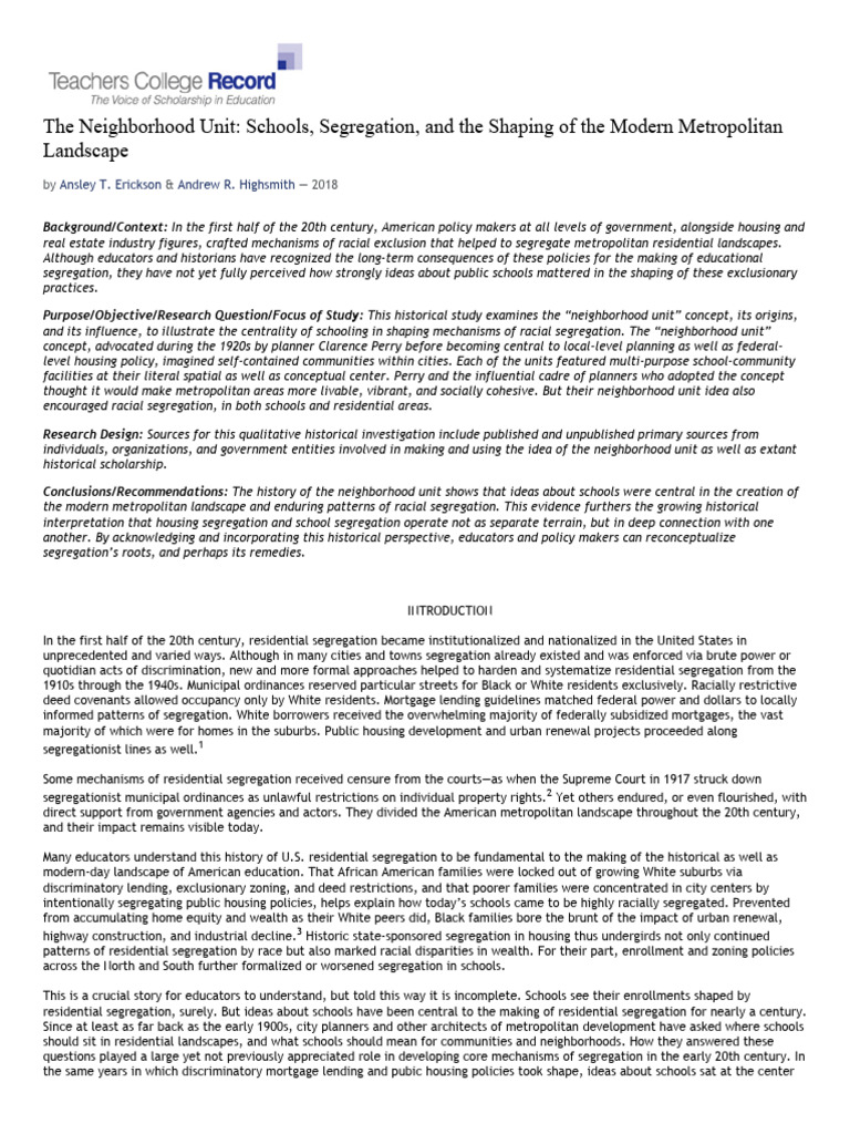 EricksonHighsmith TCRecord OnlineFirst | PDF | Racial Segregation In ...